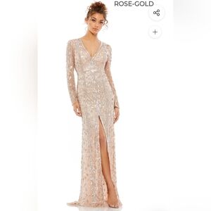 Mac Duggal Rose Gold Embellished Front Slit Long Sleeve Gown 5002 V-Neck Sz 6